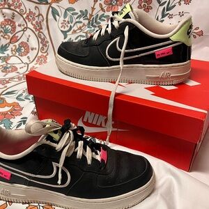 Woman’s black with white, green and pink details Air Force 1s- size 5